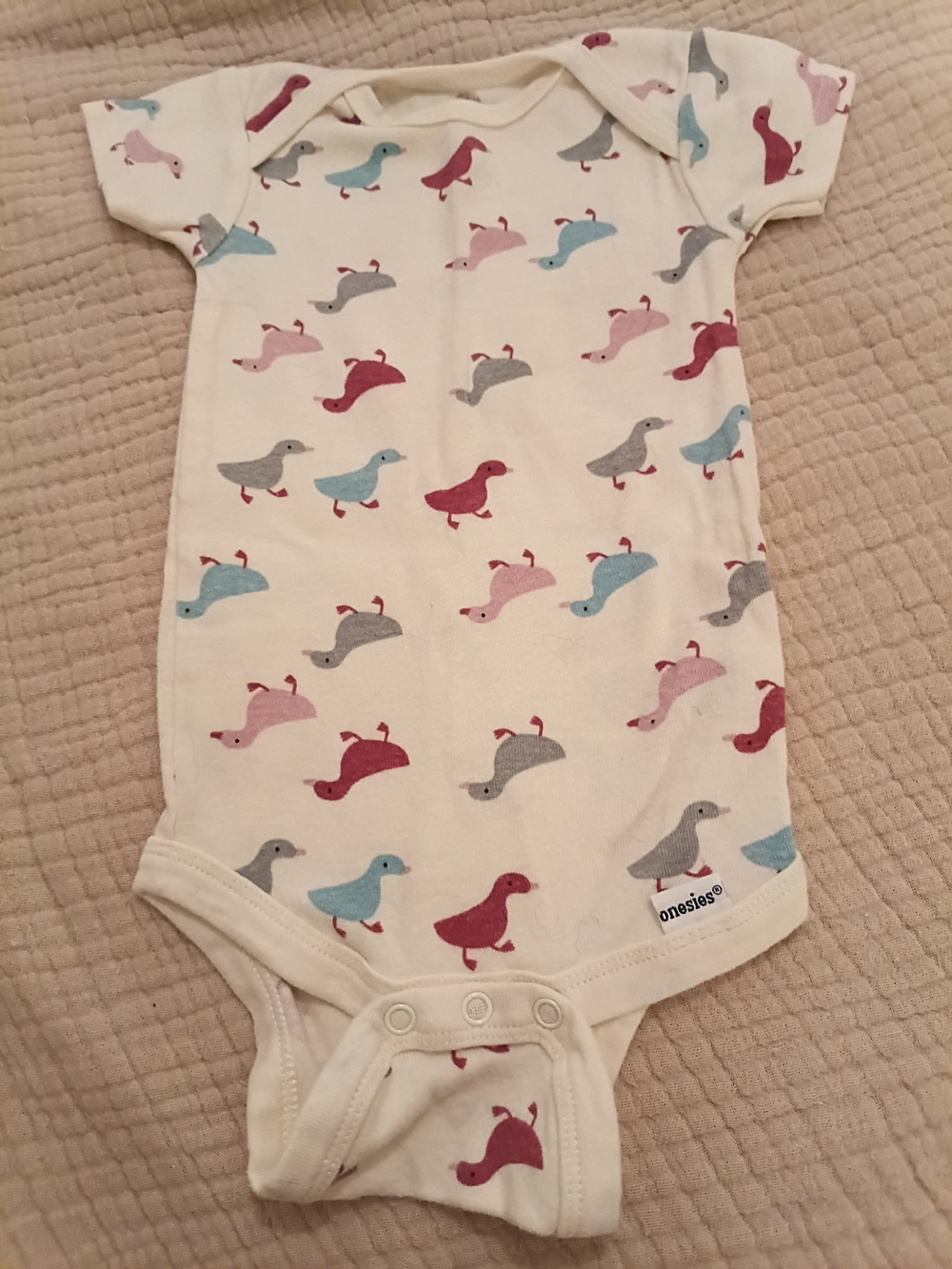 Gerber Cream Onesie with Pink, Blue and Gray Duck Print